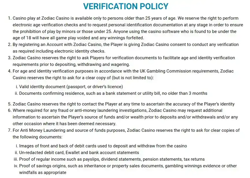 Zodiac Casino UK verification policy showing age and identity requirements