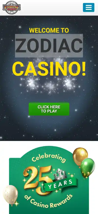 Current Zodiac Casino UK website displayed in a mobile-width browser