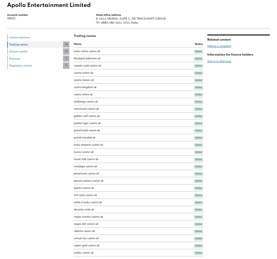 UK Gambling Commission register entry for zodiac casino uk under Apollo Entertainment Limited account 38620