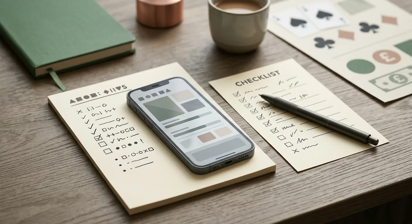Editorial illustration of a UK online casino review with a smartphone, payment cues and a checklist