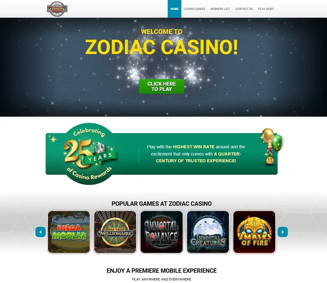 Current official Zodiac Casino UK homepage on a mobile-friendly layout