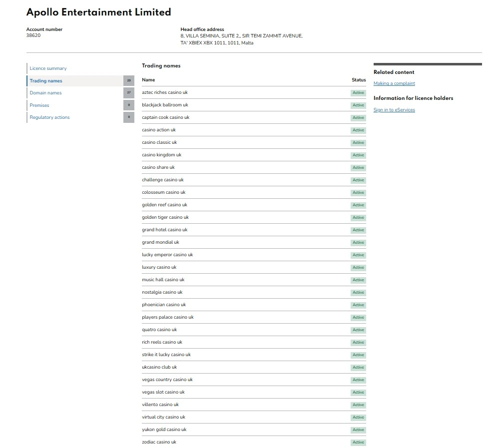 Gambling Commission register showing Zodiac Casino UK under Apollo Entertainment Limited